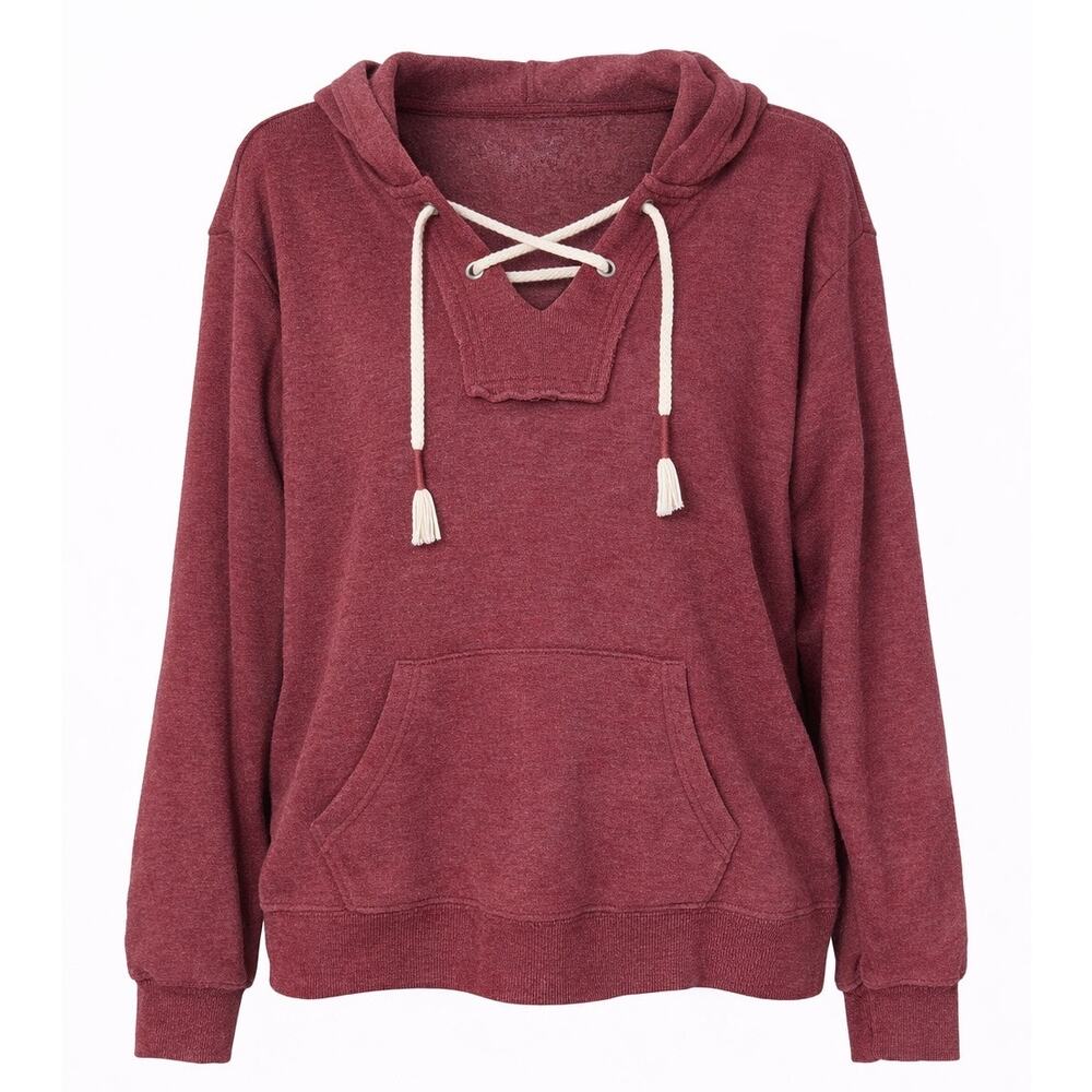 Ocean Drive Lace Up Hoodie Small Burgundy Pullover Sweatshirt Coastal Casual